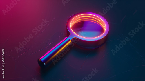 magnifying glass, search and internet for information, research and media with neon color on dark background. SEO tool for business development, innovation and creative object for keyword on website