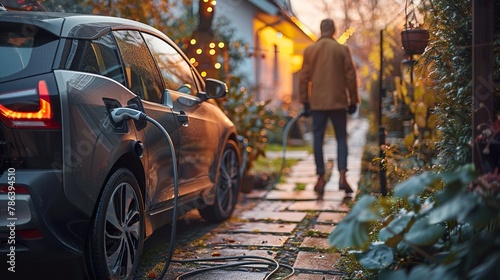 Generic electric vehicle EV hybrid car is being charged from a wallbox on a contemporary modern residential building house