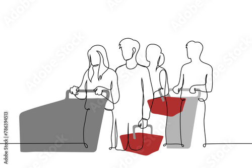 queue of people standing in the store - one line vector. men and women with shopping carts and baskets standing at the checkout