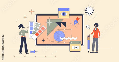 Digital design and visual material drawing neubrutalism tiny person concept. Website layout, interface or corporate style creation with geometric figures, fonts, color and shapes vector illustration.