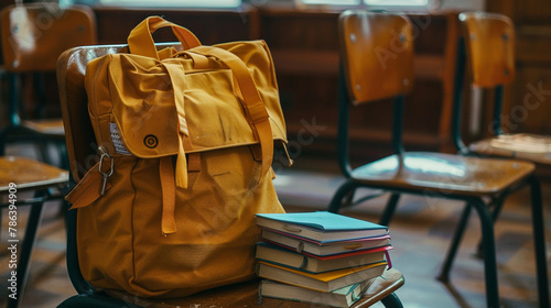 A school bag placed on a classroom chair, accompanied by a neatly stacked pile of notebooks.