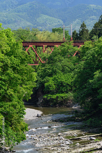 新緑の渓谷と鉄橋