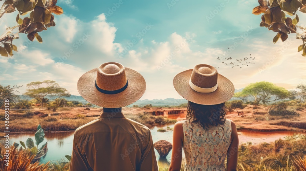 Fototapeta premium A man and a woman are standing together in front of a calm lake. They are looking out at the water, with mountains in the background. The couple is dressed casually and seem to be enjoying the view.