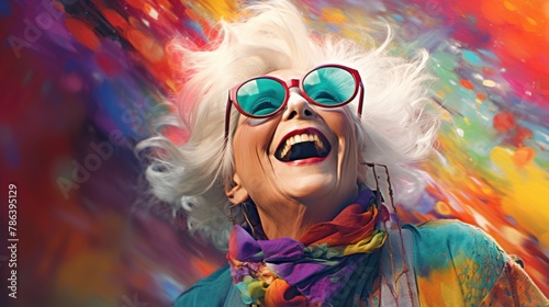  A painting depicting a old woman with sunglasses and a colorful scarf, smiling.