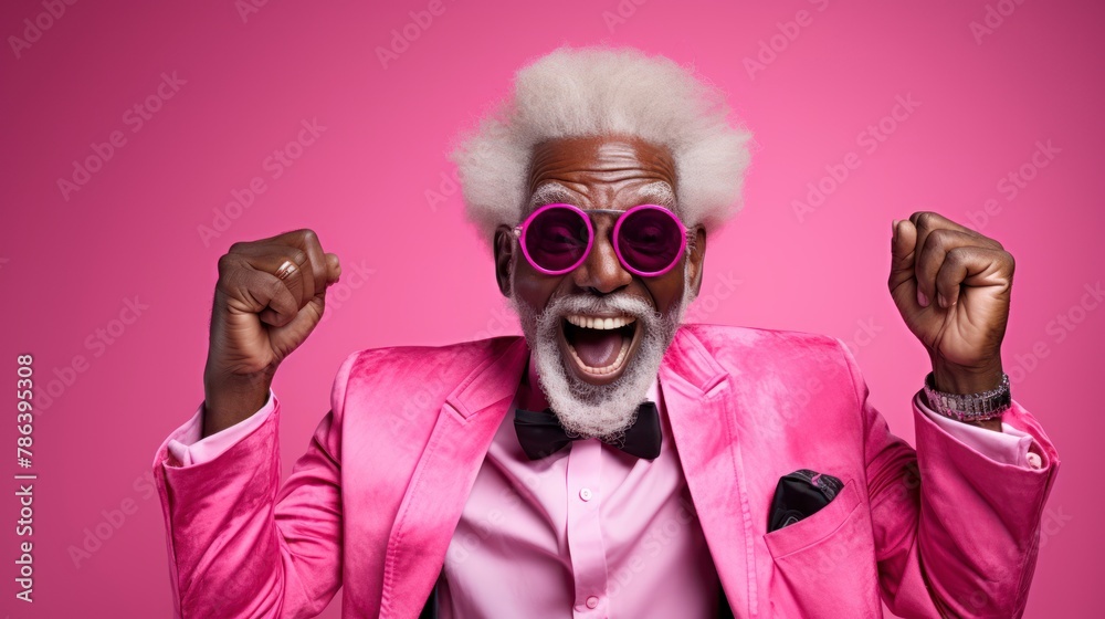  A man confidently poses in a vibrant pink suit, complete with stylish sunglasses. His outfit exudes boldness and individuality, making a statement.