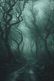 Ominous Fog-Enshrouded Forest Path Disappearing into Eerie Darkness