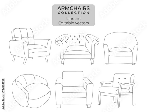 Armchairs seater line drawing outline sofa and furniture editable vector collection