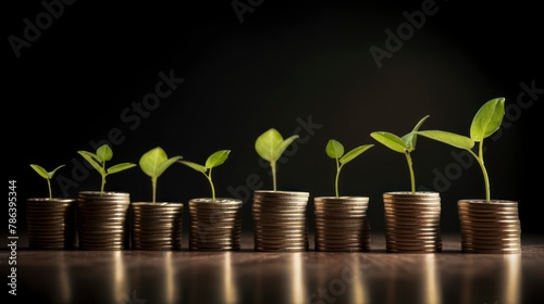  A row of coins lined up with small green plants emerging from them. The plants appear to be growing directly out of the coins, showcasing a unique and unexpected scene.