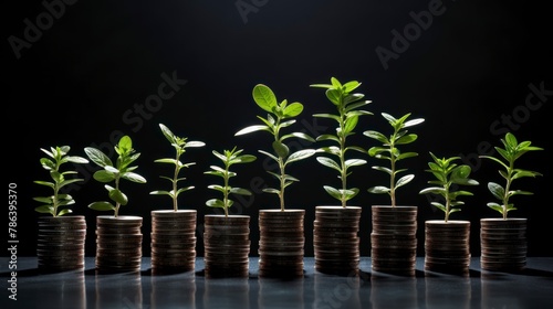  A row of coin stacks with plants growing out of them, showcasing a unique blend of nature and finance. The coins serve as a base for the green plants, symbolizing growth and prosperity. photo