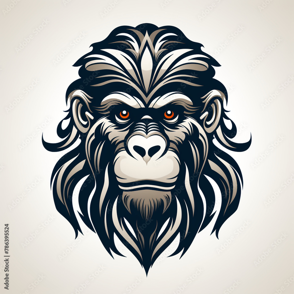 Geometric tattoo style, minimalistic continuous line design of monkey, white background сreated with Generative Ai