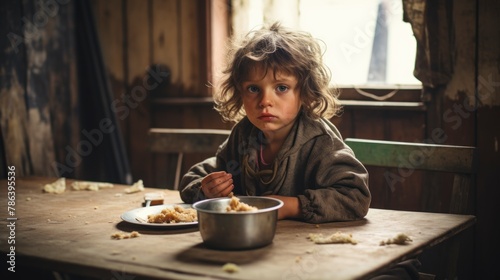 A poor young girl is seated at a table  where she is enjoying a bowl of food. 