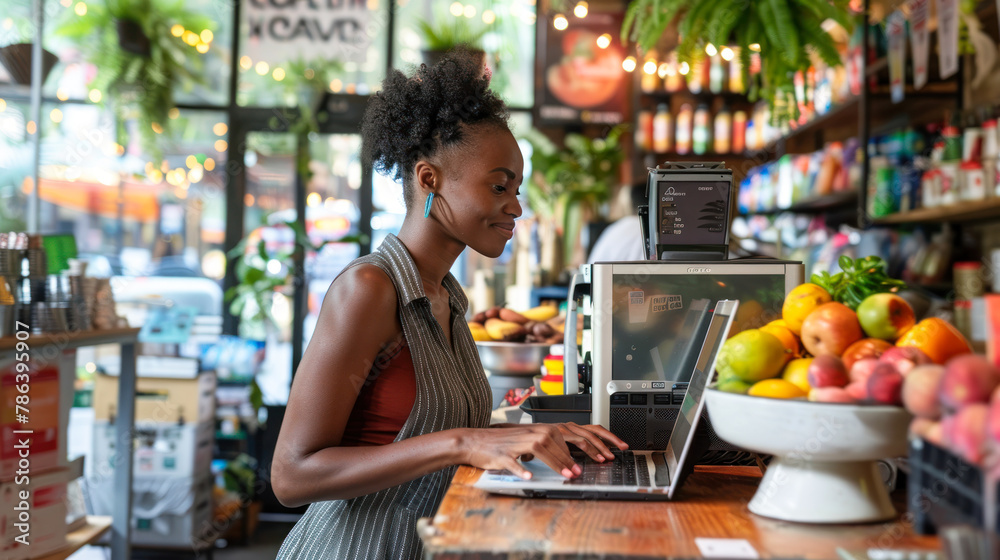 Fototapeta premium Young Afro-American business woman wearing apron working on laptop in cafe. Small business owner. Happy smiling female professional accepts online orders using laptop in a store.