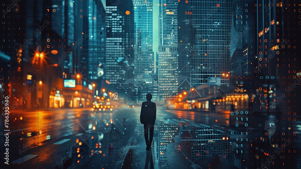 Picture of businessman wearing suit walking on the city street alone with bokeh light overlay