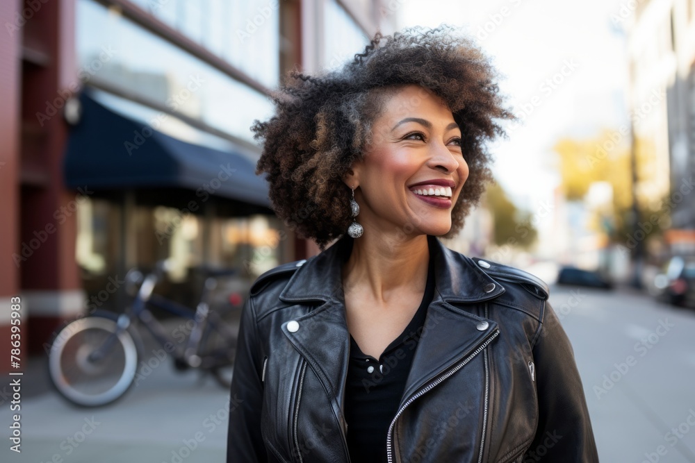 Portrait of a happy afro-american woman in her 40s sporting a classic leather jacket isolated in white background Portrait of a happy afro-american woman in her 40s sporting a classic leather jacket isolated in white background