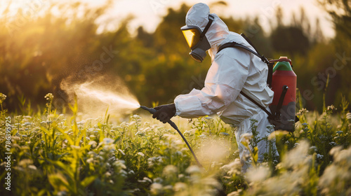Man in protective workwear spraying glyphosate herbicide photo