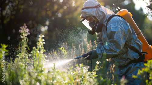 Man in protective workwear spraying glyphosate herbicide photo