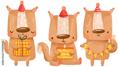 Set of cute squirrels celebrating birthday with cake and gifts. Happy birthday. Child illustration on isolated background