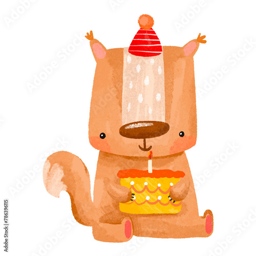 Cute squirrel celebrating birthday with cake. Happy birthday. Child illustration on isolated background