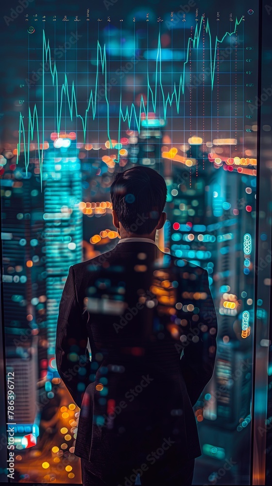 Vertical portrait of man wearing suit standing in front of skyscraper office window at night with blurred city background and data chart display. Vertical portrait of man wearing suit standing in front of skyscraper office window at night with blurred city background and data chart display.