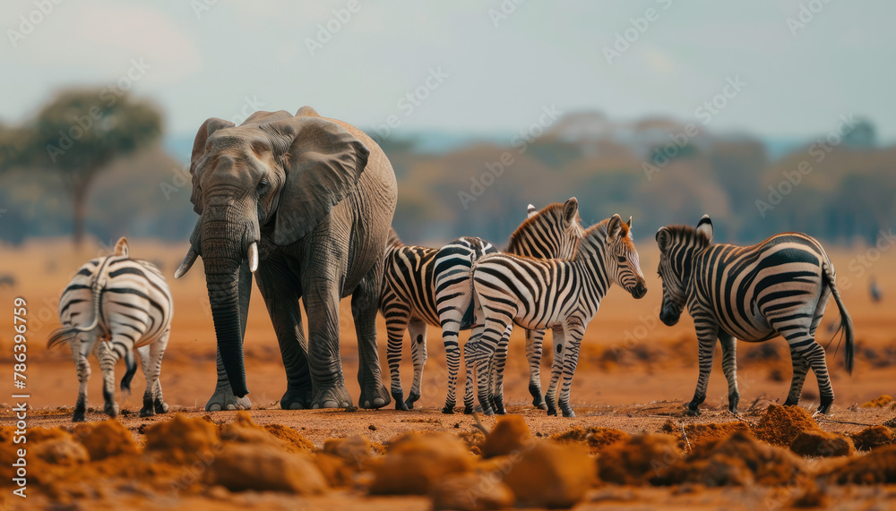 Fototapeta premium A group of zebras and elephants in the African savannah, with red soil under their feet.