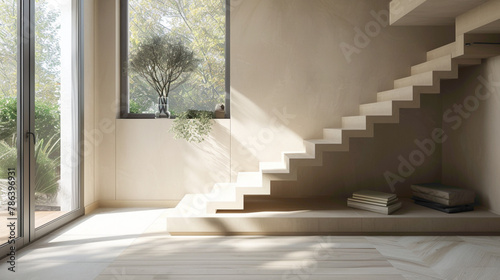 Elegant beige stairs with a Scandinavian design in a cozy lounge setting with a window.