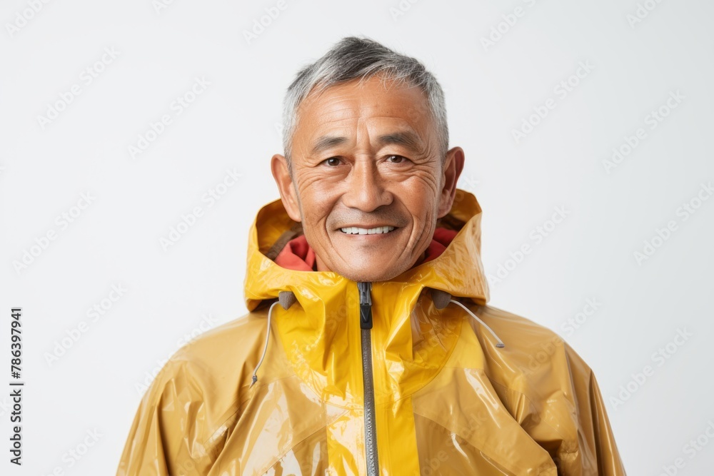 Portrait of a content asian man in his 60s sporting a waterproof rain jacket in front of white background Portrait of a content asian man in his 60s sporting a waterproof rain jacket in front of white background