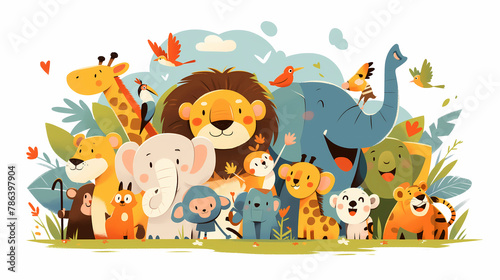 Cute cartoon animals in the jungle. Vector illustration. Flat style.