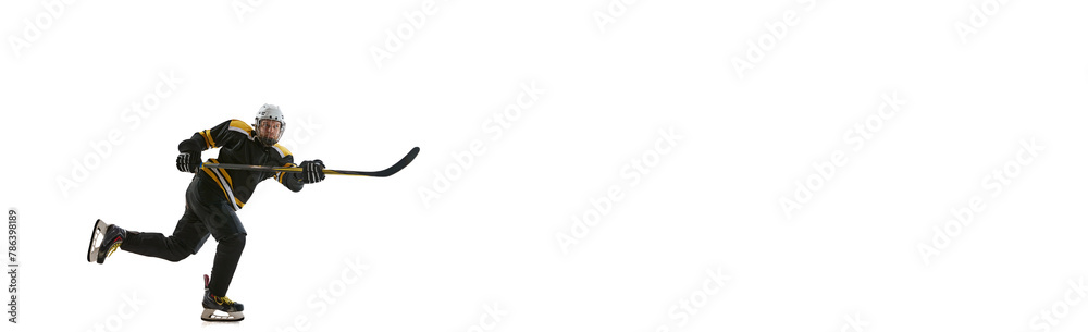 Male hockey player in motion during game, training isolated on white background. Concept of professional sport, competition, game, tournament. Banner. Empty space to insert text, ad