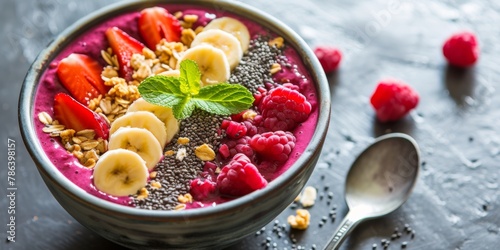 A vibrant smoothie bowl topped with banana slices, fresh raspberries, granola, chia seeds, and a sprig of mint
