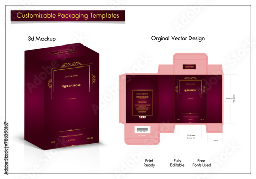 Packaging box design for Product of luxury products mockup 3d Box Packaging Design Box die line for perfume, soap, wine, lotion, Made with golden foil, Isolated on brown background vector illustration photo