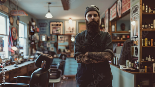 Barber salon, young man standing in shop ready for hair and beard cut