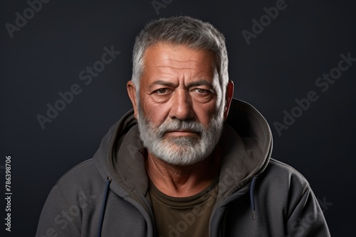 Portrait of a glad indian man in his 60s wearing a zip-up fleece hoodie isolated on white background