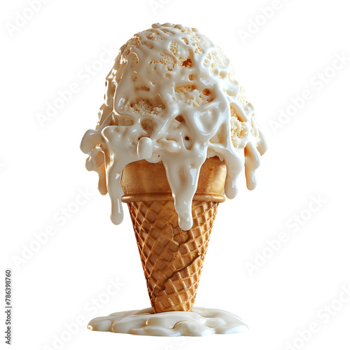 Vanilla ice cream cone with melting PNG. Vanilla ice cream dripping PNG. Vanilla ice cream top view isolated. Vanilla dessert flat lay PNG