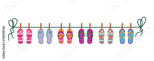 flip flops hang on the rope attached with clothespins vector illustration