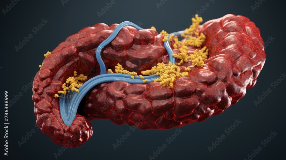 A 3D illustration of the human pancreas, detailing its role in insulin production, used in diabetes research - obrazy, fototapety, plakaty 