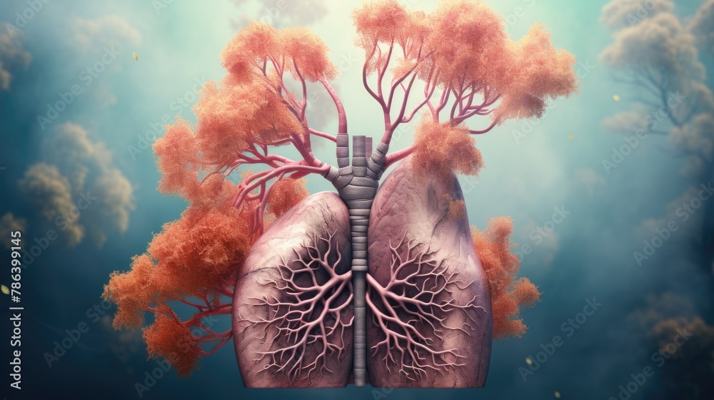 A 3D rendering of the human lungs, showcasing the bronchial tree and alveoli, ideal for respiratory health studies - obrazy, fototapety, plakaty 