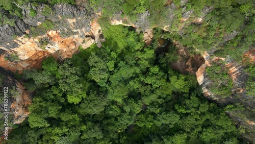 Open cave in lush foret. Terra Ronca National Park in Goias, Brazil. Aerial View