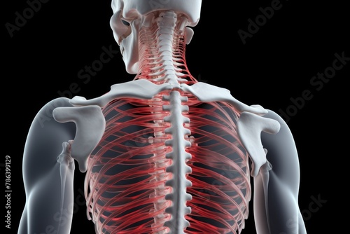 A 3D model of the human skeleton, highlighting the spinal column for orthopedic educational purposes