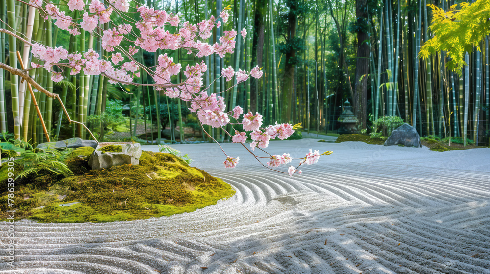 Traditional Japanese Zen garden with white sand, sakura branch, and bamboo forest Traditional Japanese Zen garden with white sand, sakura branch, and bamboo forest