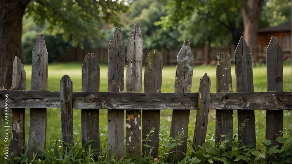 old, worn-out, foliage-covered wooden picket fence