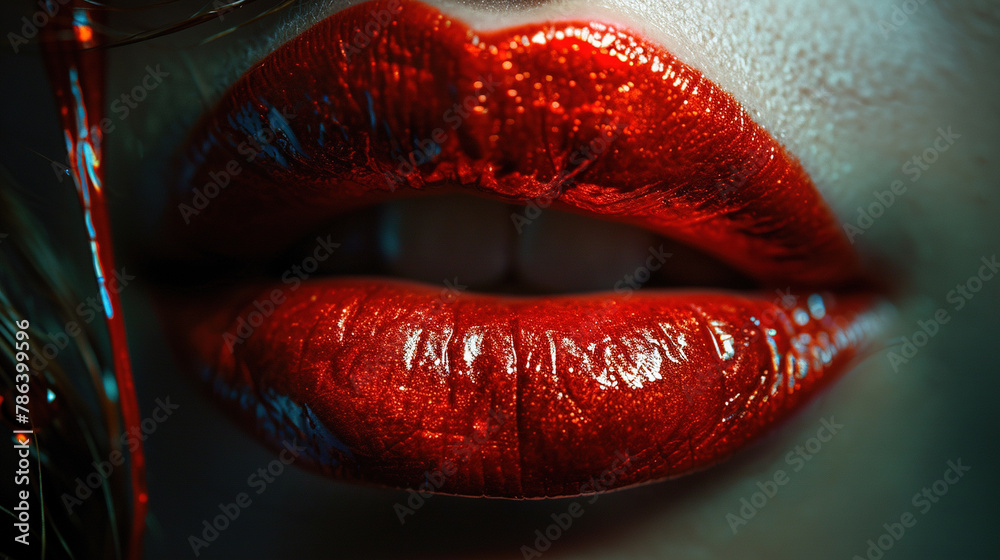 Dark Red Color Lipstick On Beautiful Women Red Lips Background Blur Close-Up View Dark Red Color Lipstick On Beautiful Women Red Lips Background Blur Close-Up View