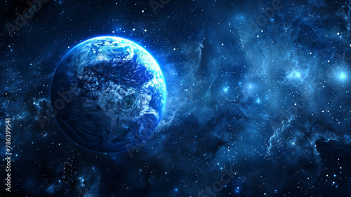 A luminous scene of the Earth against a dark blue space background  viewed from outer space