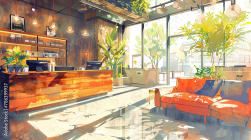 Bright morning light floods a chic café, highlighting plush seating, wood accents, and vibrant plants