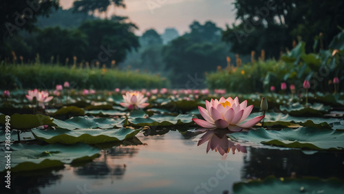 Beautiful pink lotus flower close up in pond at red lotus lake, Udonthani