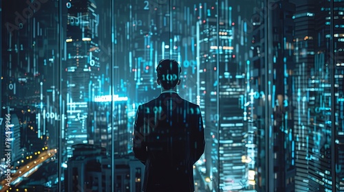 Man wearing suit standing in front of skyscraper office window at night with blurred city background and data chart display.