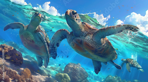 A painting depicting two turtles gracefully swimming in the crystal-clear ocean water