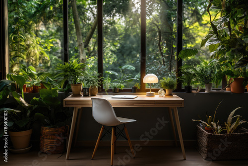 Generative AI illustration of modern office room interior with wooden table chair and green potted plants placed against windows overlooking lush trees in garden on sunny day