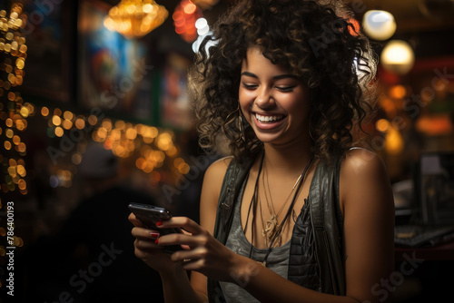 Generative AI illustration of cheerful young curly haired female chatting via smartphone on social media while spending evening in cafe with glowing garlands