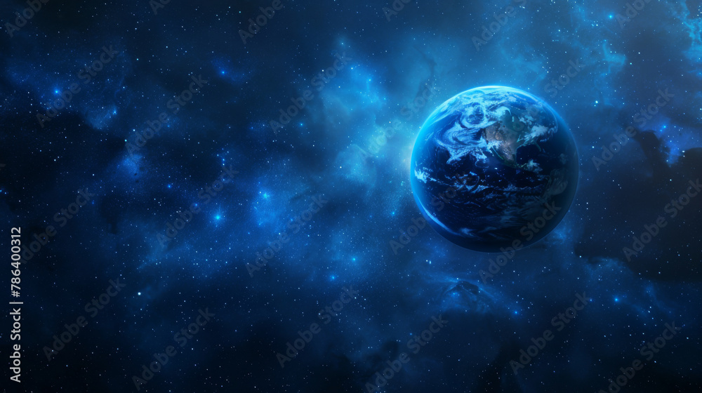 A luminous scene of the Earth against a dark blue space background, viewed from outer space