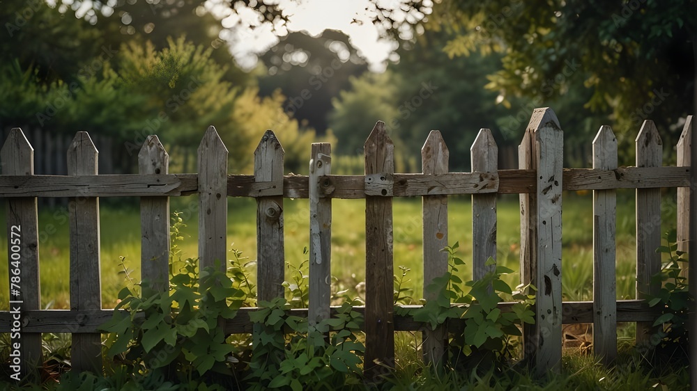 Fototapeta premium old,&nbsp;worn-out,&nbsp;foliage-covered&nbsp;wooden&nbsp;picket&nbsp;fence